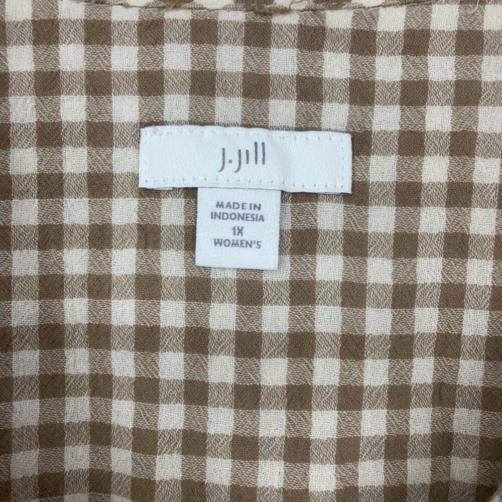 J. Jill Plus Sz 1X Tan Gingham Button Front Top Blouse Tunic Cotton Boyfriend - Picture 3 of 7